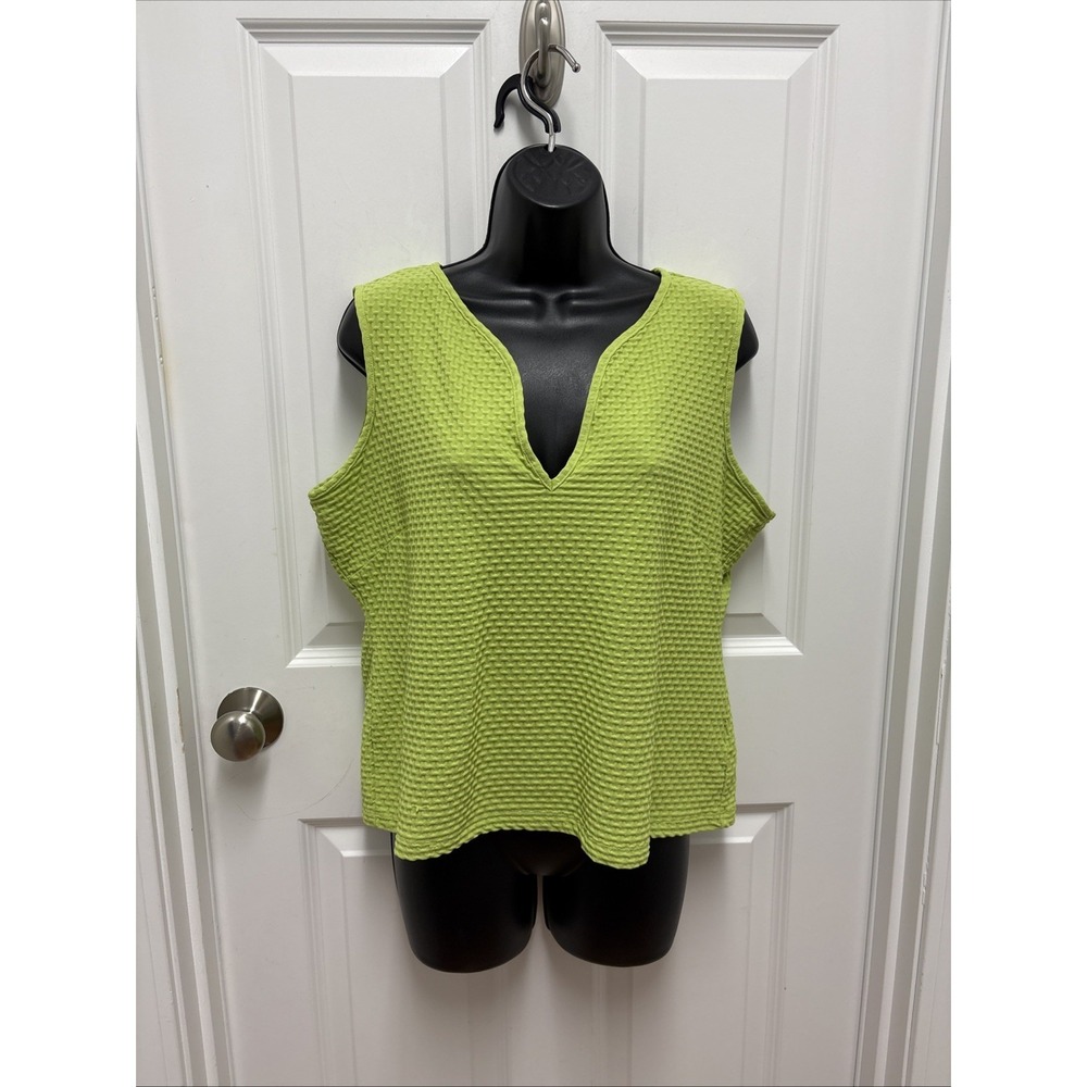 Sigrid Olsen Lime Green‎ Waffle Knit Modern Split Neck Tank - Size Large